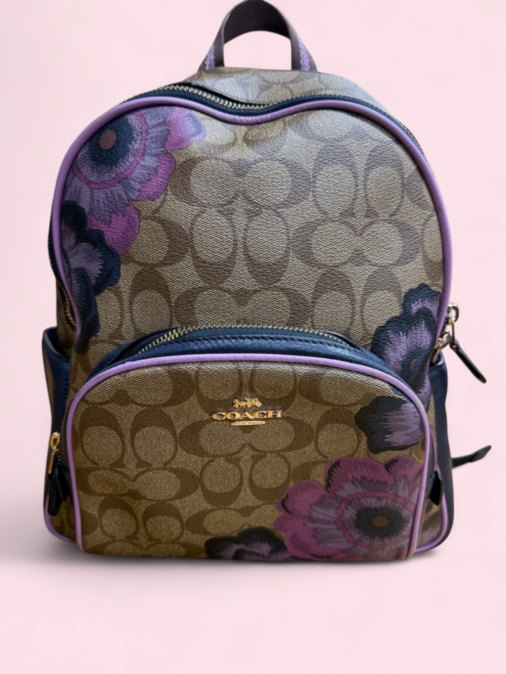 COACH Floral Print Backpack in Brown and Purple